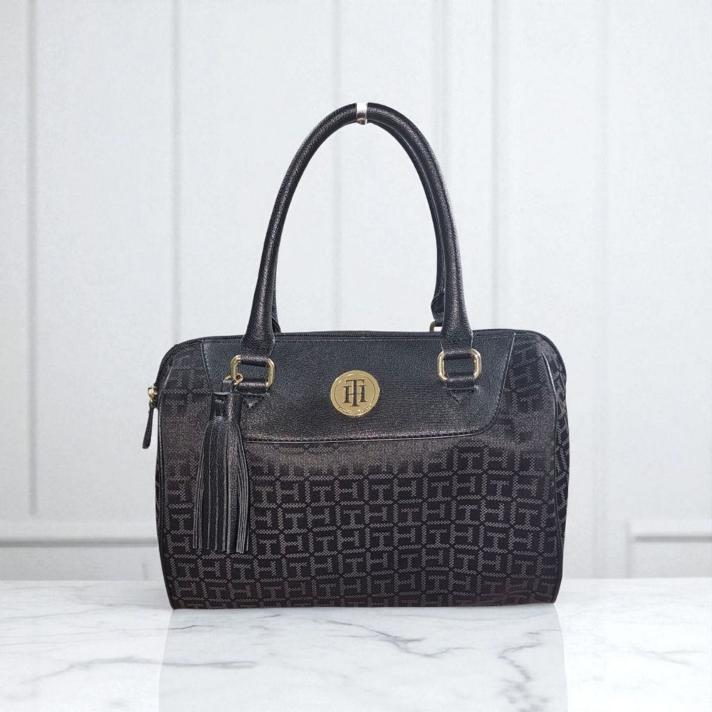 TOMMY HILFIGER Signature Jacquard Black Satchel with Large Tassel